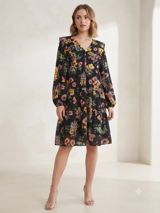 JODIFL Dresses & Skirts - JODIFL Black Floral V-Neck Long Sleeve Tiered Dress NWOT